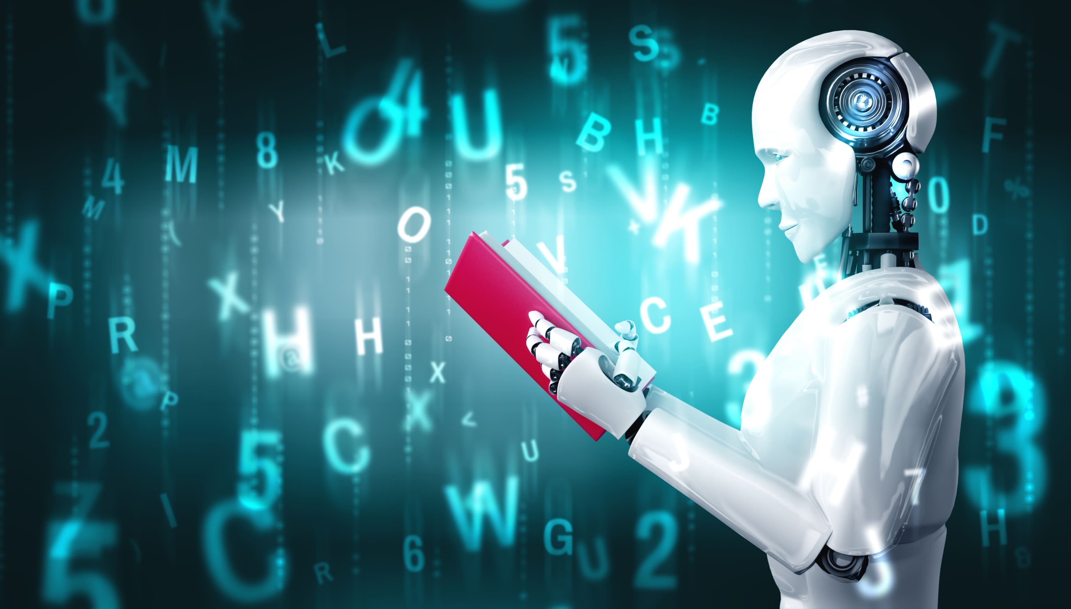 LLM distillation concept shown through a robot learning language, symbolizing efficient AI knowledge transfer.