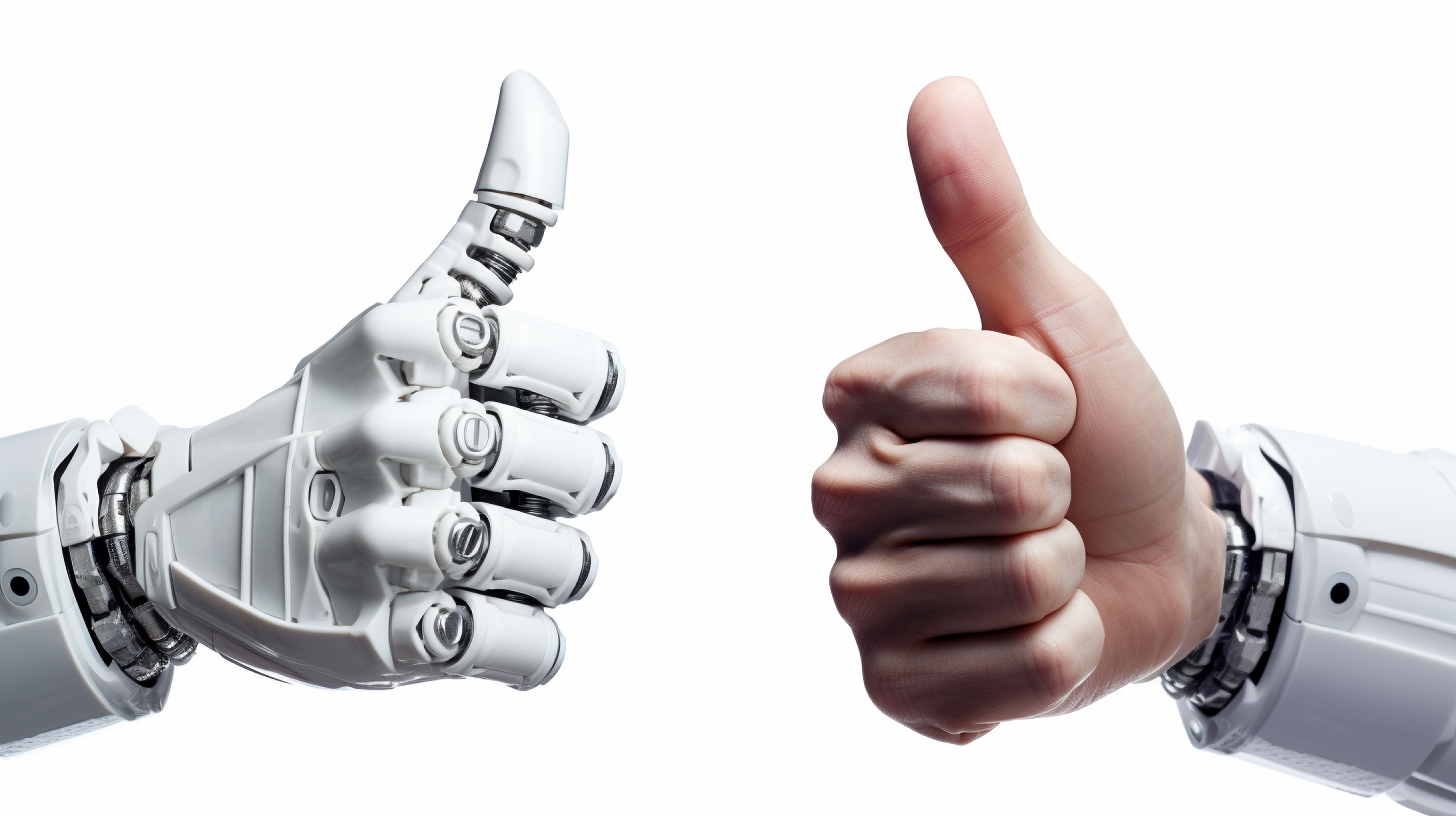 Human hand giving a thumbs-up while a robot hand gives a thumbs-down, symbolizing reinforcement learning from human feedback to guide AI behavior.