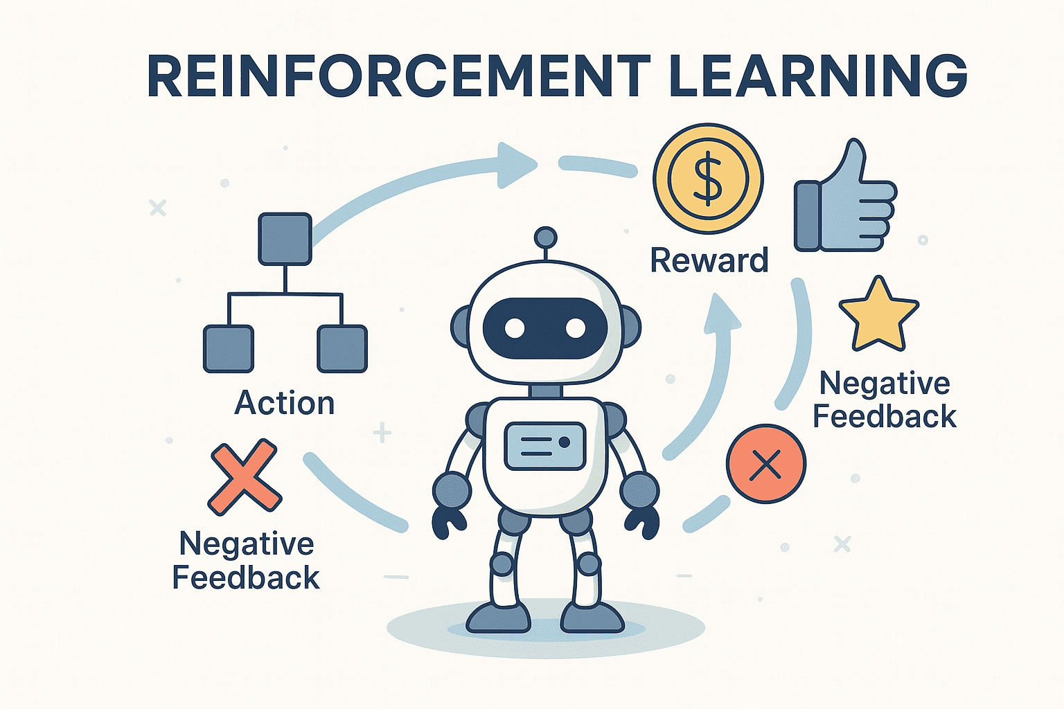 A diagram showing the Reinforcement Learning feedback loop with an agent at the center, connected to action, environment, reward, and state.